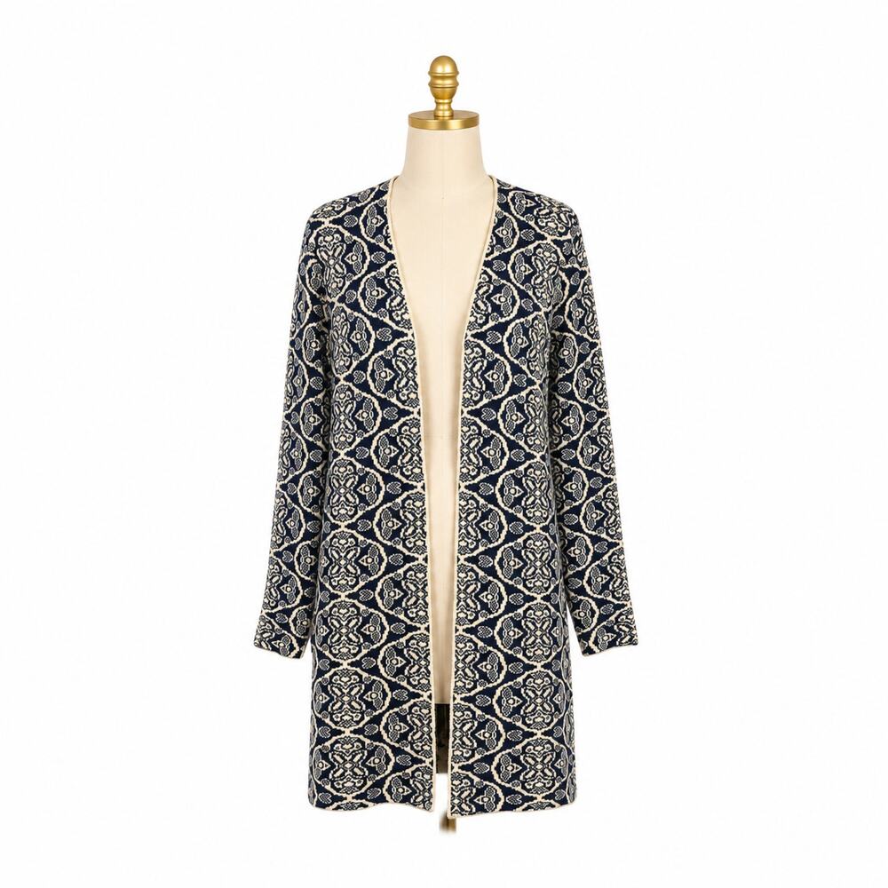 J. McLaughlin Navy Ivory Jacquard Long Sweater Coat Small